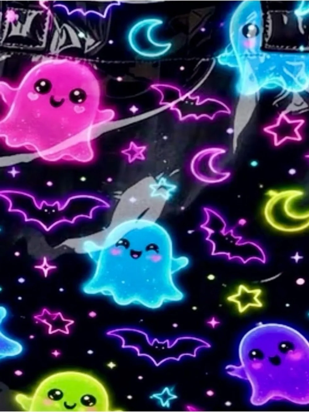 New Halloween Colorful Ghosts & Bats Black PVC Handbag Purse Tote Bag w/ Charm